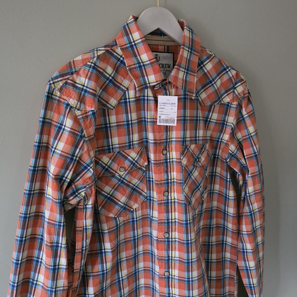 NWT Campus Crew M Deadstock Vintage Y2K Western Madras Plaid Pearl Snap Shirt - Picture 6 of 15